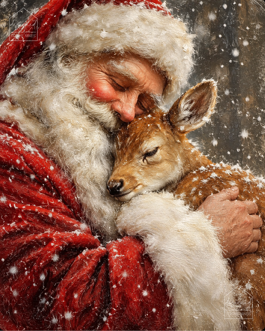 Santa Hugging Baby Deer Art Print | Vintage Christmas Digital Download