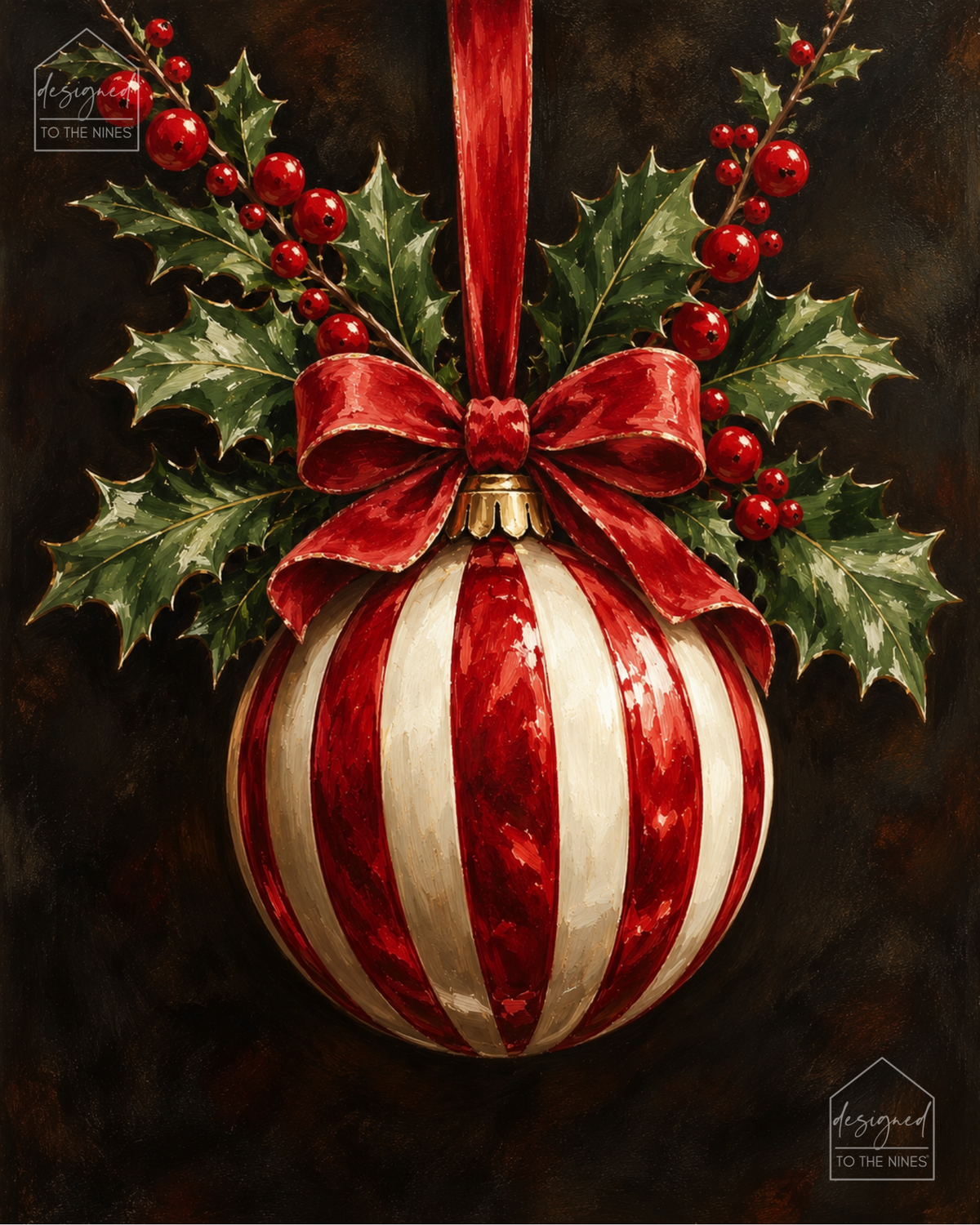 Red and White Christmas Ornament Art Print | Vintage Holiday Digital Download