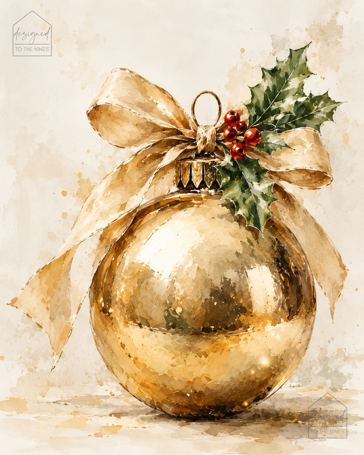 Gold Christmas Ornament Art Print | Watercolor Holiday Digital Download