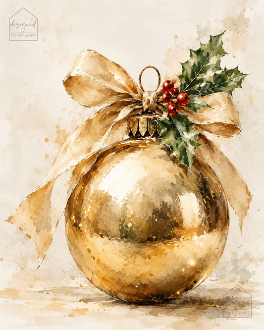 Gold Christmas Ornament Art Print | Watercolor Holiday Digital Download