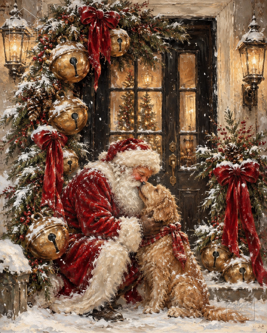 Santa with Dog Christmas Art Print | Vintage Holiday Digital Download