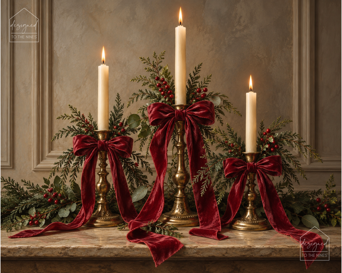 Christmas Candlesticks with Red Velvet Bows Art Print | Vintage Holiday Digital Download