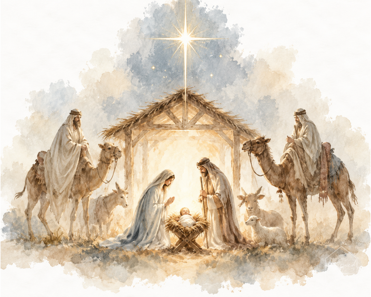 Watercolor Nativity Scene Art Print | Christmas Digital Download