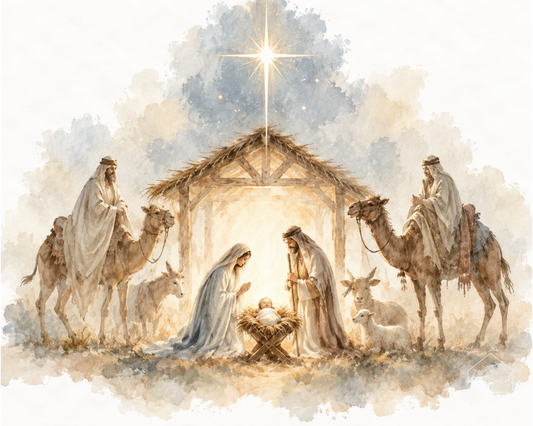 Watercolor Nativity Scene Art Print | Christmas Digital Download